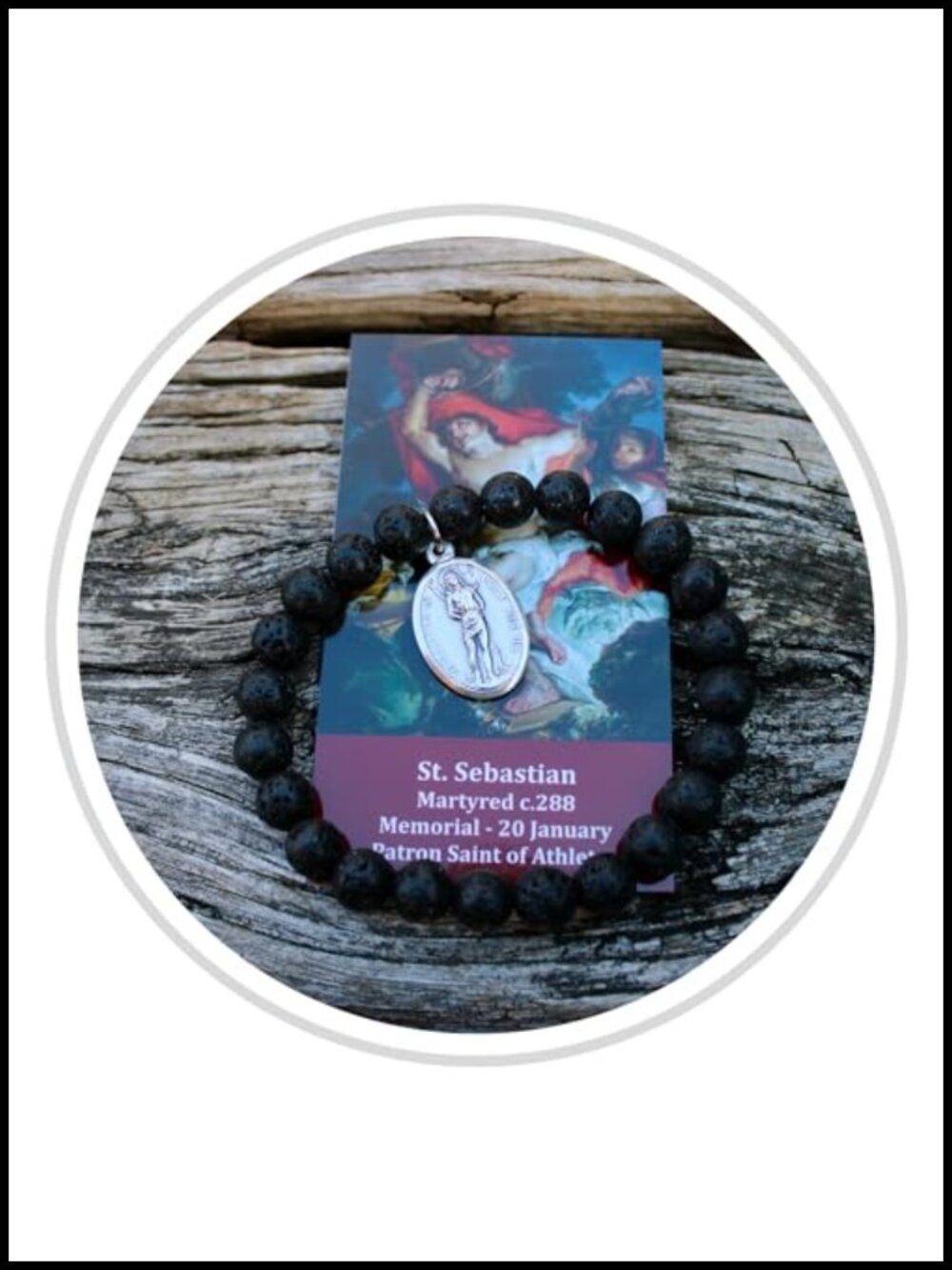 Handmade Saint Sebastian Lava Bead Bracelet with Medal